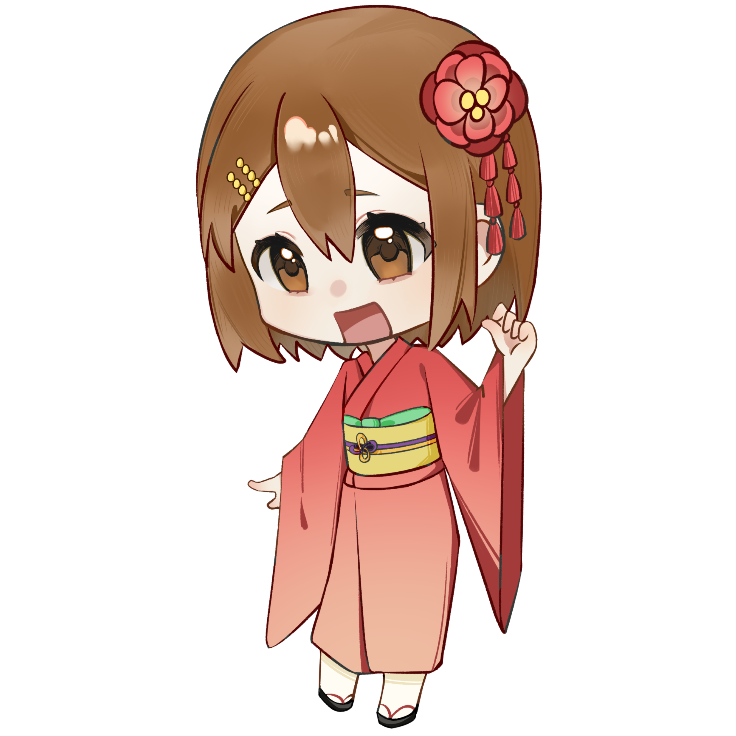 hirasawa yui, k-on!, absurdres, commentary request, highres, 1girl, alternate costume, beads, black sandals, brown eyes, brown hair, camellia, chibi, eyelashes, flower, flower knot, hair beads, hair between eyes, hair flower, hair ornament, hairclip, happy, japanese clothes, kimono, long sleeves, looking ahead, obi, open mouth, parallel hairclips, purple ribbon, red flower, red kimono, ribbon, riliing, sandals, sash, short hair, simple background, sleeves past wrists, smile, socks, solo, standing, tareme, tassel, tassel hair ornament, two-tone ribbon, waist ribbon, white background, white socks, wide sleeves, yellow ribbon, yellow sash, yukata, zouri