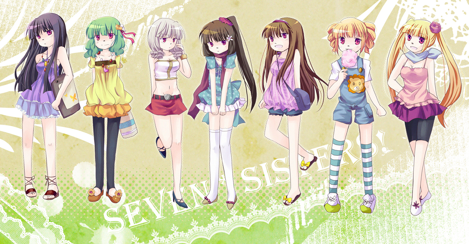 koike amuko, asmodeus (umineko), beelzebub (umineko), belphegor (umineko), leviathan (umineko), lucifer (umineko), mammon (umineko), satan (umineko), stakes of purgatory, umineko no naku koro ni, bad id, bad pixiv id, highres, 00s, 6+girls, alternate costume, casual, fashion, long hair, multiple girls, seven deadly sins, short hair, thighhighs