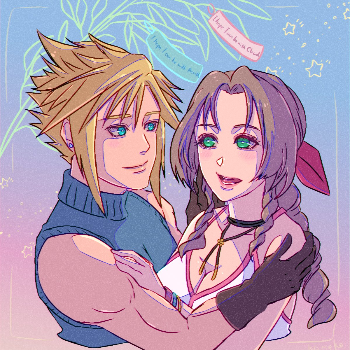 komeko (strikek-lvvjm27), aerith gainsborough, cloud strife, final fantasy, final fantasy vii, final fantasy vii rebirth, final fantasy vii remake, commentary request, highres, aqua eyes, bare shoulders, black gloves, blonde hair, blue shirt, braid, braided ponytail, breasts, brown hair, choker, cleavage, closed mouth, couple, cropped torso, dress, earrings, flower choker, gloves, green eyes, hair between eyes, hair ribbon, hand on another's shoulder, hetero, hug, jewelry, light blush, long hair, looking at another, medium breasts, muscular, muscular male, open mouth, parted bangs, pink dress, pink ribbon, ribbon, shirt, short hair, sidelocks, single braid, single earring, sleeveless, sleeveless dress, sleeveless turtleneck, smile, spiked hair, tanabata, turtleneck