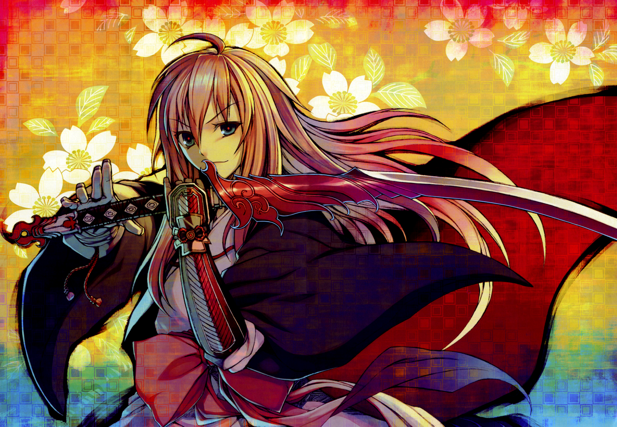 cruccu, ouka ryouran, highres, armor, brown hair, cape, gauntlets, green eyes, japanese clothes, long hair, smile, solo, sword, weapon