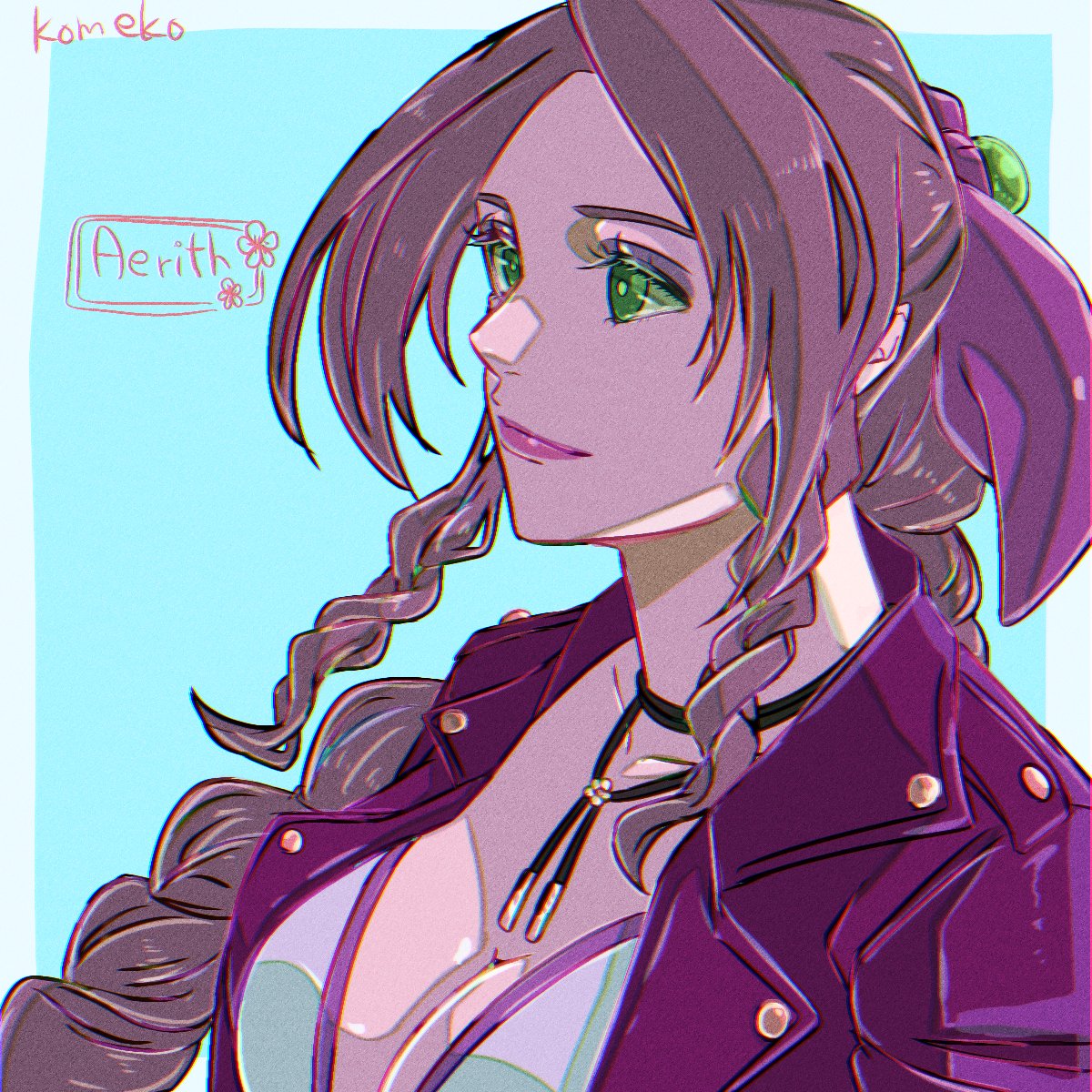 komeko (strikek-lvvjm27), aerith gainsborough, final fantasy, final fantasy vii, final fantasy vii remake, commentary request, highres, 1girl, artist name, blue background, border, braid, braided ponytail, breasts, brown hair, character name, choker, cleavage, closed mouth, dress, flower choker, green eyes, hair bobbles, hair ornament, hair ribbon, jacket, long hair, materia, medium breasts, parted bangs, pink dress, pink lips, pink ribbon, red jacket, ribbon, sidelocks, single braid, solo, upper body, white border