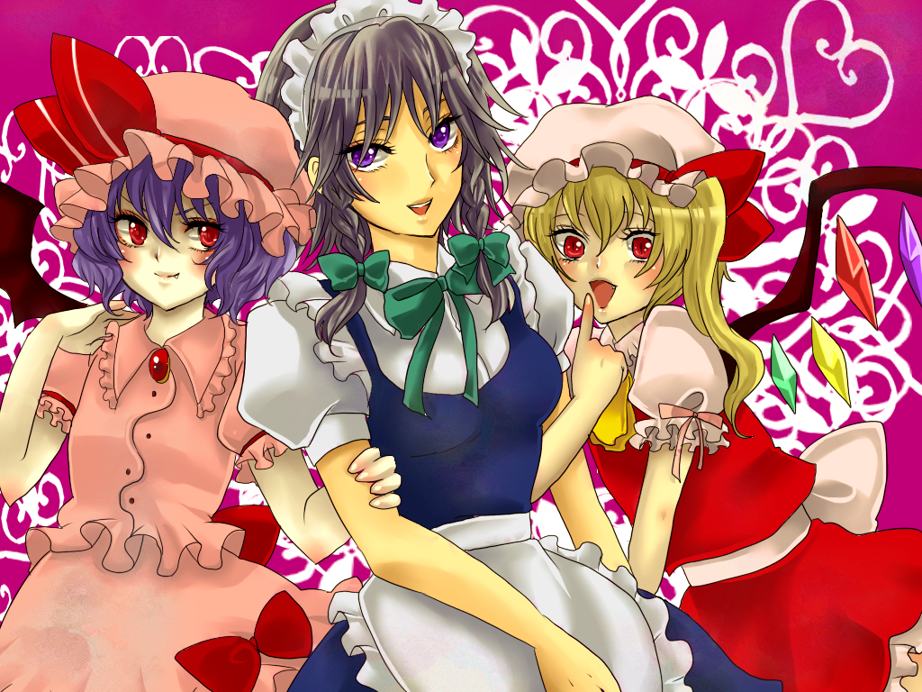 aibu, flandre scarlet, izayoi sakuya, remilia scarlet, touhou, silver hair, bad id, bad pixiv id, 3girls, bat wings, blonde hair, braid, female focus, hat, maid, maid headdress, multiple girls, ponytail, purple eyes, purple hair, red eyes, short hair, side ponytail, skirt, twin braids, wings