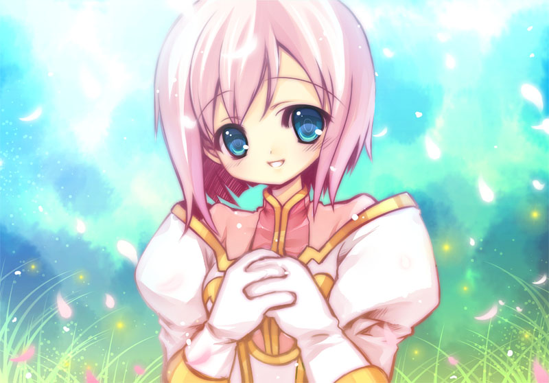 capura lin, estellise sidos heurassein, tales of (series), tales of vesperia, bad id, bad pixiv id, 00s, 1girl, aqua background, blue eyes, female focus, grass, own hands clasped, own hands together, petals, pink hair, short hair, smile, solo