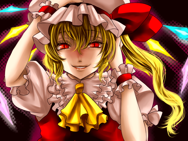 aibu, flandre scarlet, embodiment of scarlet devil, touhou, bad id, bad pixiv id, 1girl, blonde hair, blouse, female focus, hair between eyes, hat, ponytail, red eyes, shirt, short hair, side ponytail, solo, staring, white shirt, wrist cuffs