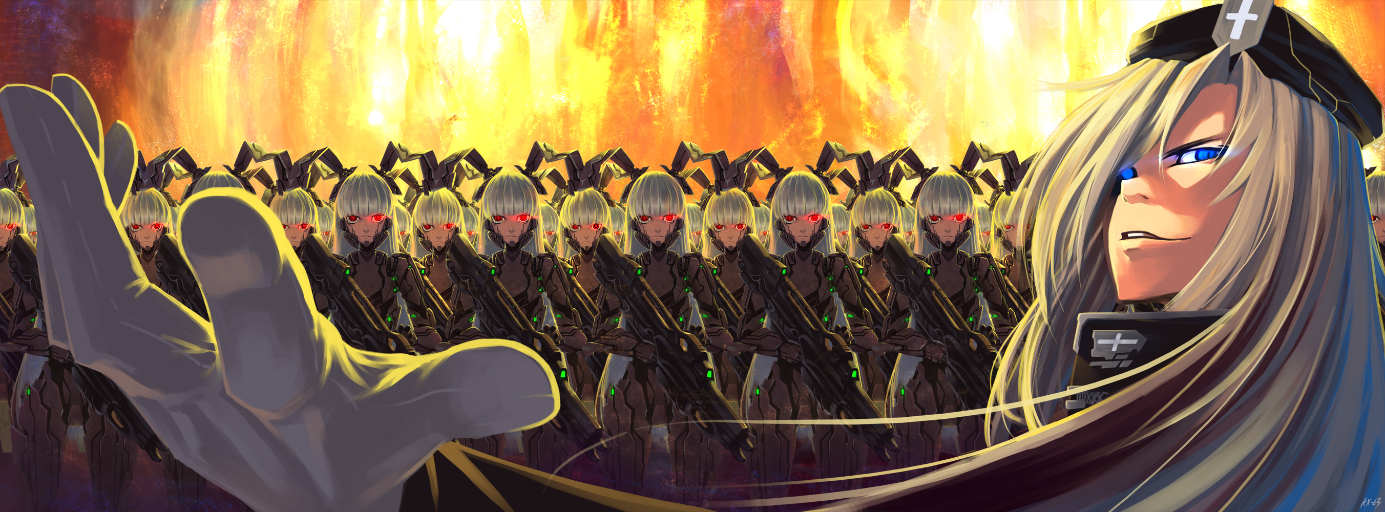 ni piao xiancai, inaba mob (touhou), reisen udongein inaba, yagokoro eirin, touhou, extra, bad id, bad pixiv id, highres, long image, wide image, 6+girls, army, blue eyes, clone, female focus, foreshortening, glowing, glowing eyes, gun, hat, multiple girls, standing, weapon