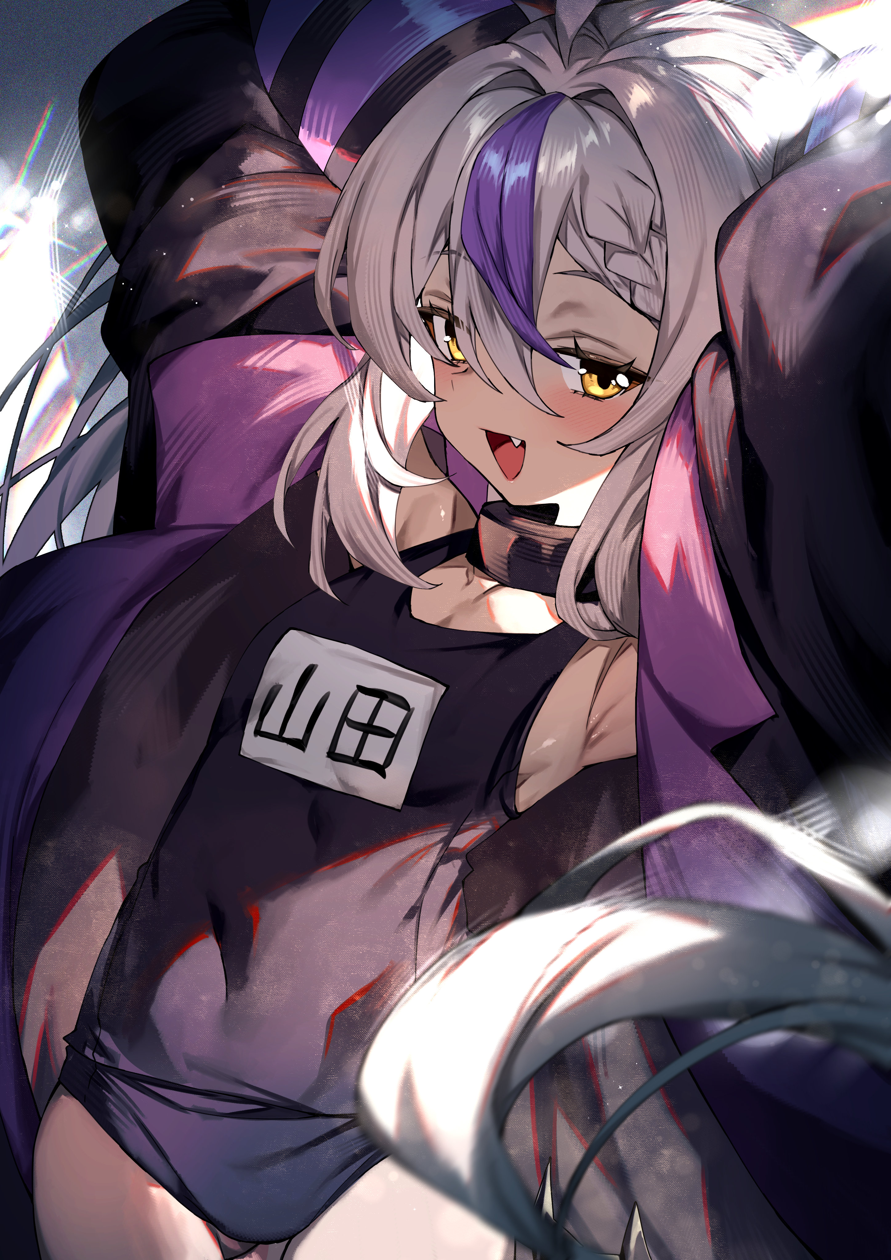 redcomet, la+ darknesss, hololive, absurdres, commentary, english commentary, highres, revision, 1girl, :d, black one-piece swimsuit, braid, fang, horns, japanese text, long hair, multicolored hair, one-piece swimsuit, open mouth, purple hair, school swimsuit, smile, solo, streaked hair, striped horns, swimsuit, virtual youtuber, white hair, yellow eyes