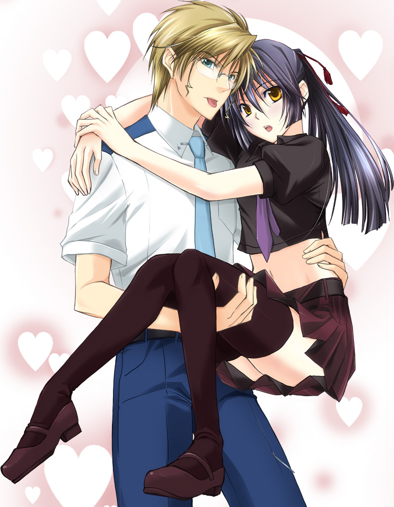 momoco, mikhail buran, saotome alto, macross, macross frontier, bad id, bad pixiv id, 00s, 2boys, :p, belt, black hair, blonde hair, carrying, crossdressing, crossdressing (mtf), green eyes, hair ornament, heart, hug, long hair, male focus, mary janes, midriff, multiple boys, navel, necktie, open mouth, orange eyes, shoes, short hair, skirt, surprised, thighhighs, tongue, tongue out, trap, yaoi, zettai ryouiki