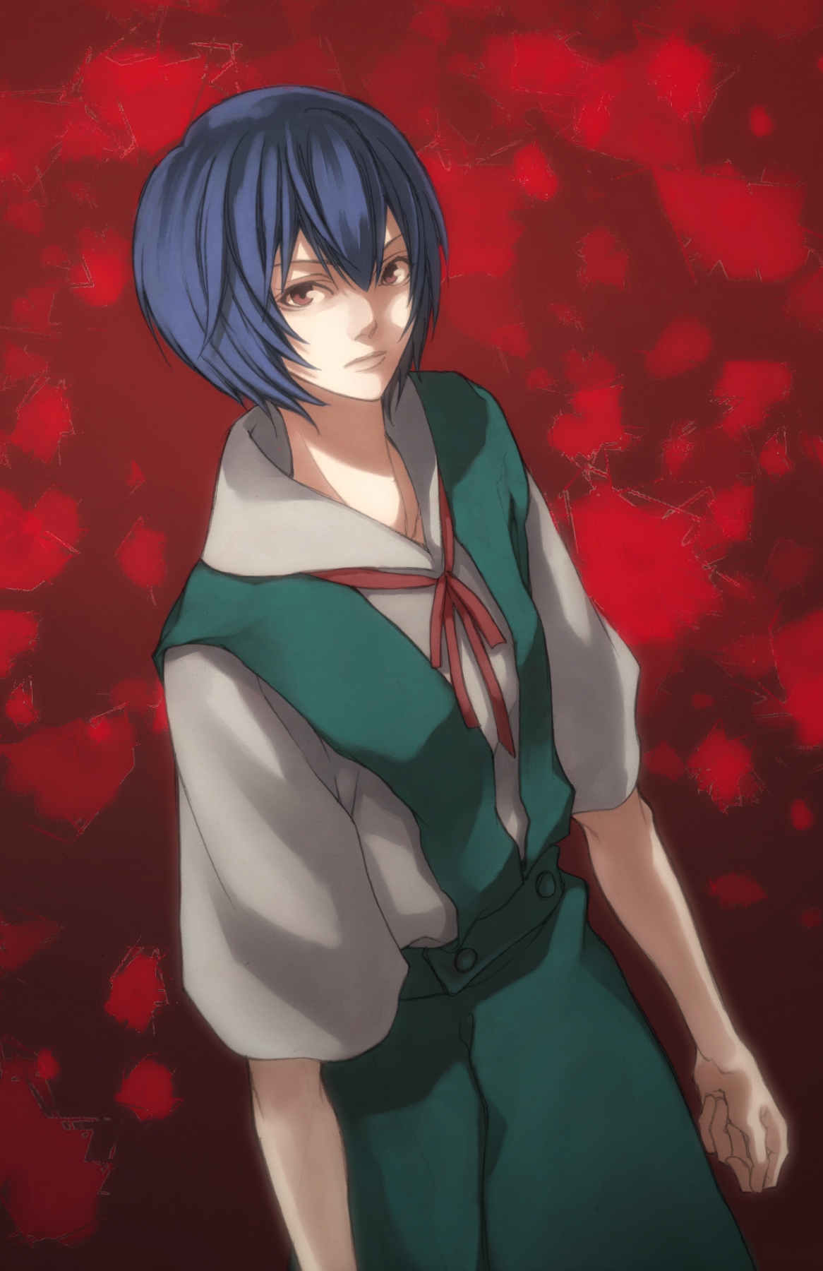 fukai rei, fukai rei (artist), ayanami rei, neon genesis evangelion, bad id, bad pixiv id, highres, 1girl, blue hair, female focus, school uniform, short hair, solo