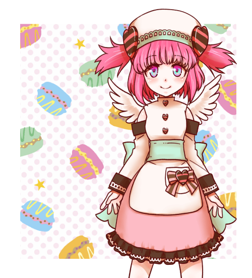 ragnarok online, commentary request, 1girl, blue sash, blush, chocolat basinio, closed mouth, clothing cutout, cowboy shot, feathered wings, food, hat, looking at viewer, macaron, mob cap, niginigi, pink eyes, pink hair, pink skirt, sash, shirt, short hair, shoulder cutout, skirt, smile, solo, two side up, white hat, white shirt, white wings, wings