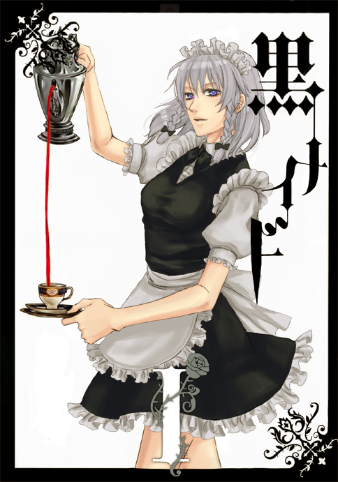 daru (artist), daru (n89), izayoi sakuya, kuroshitsuji, touhou, silver hair, bad id, bad pixiv id, 1girl, apron, blue eyes, braid, cup, decantering, female focus, maid, maid apron, maid headdress, parody, pouring, short hair, solo, tea, teacup, teapot, twin braids