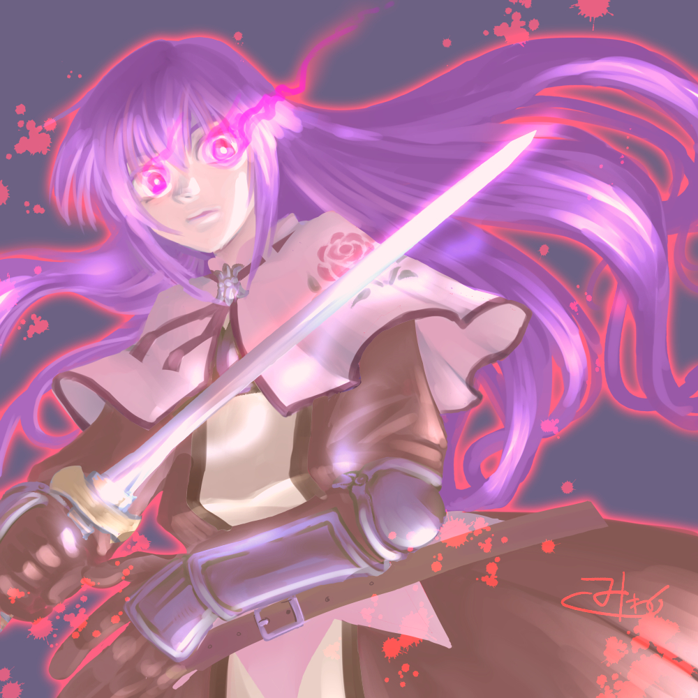 egnigem cenia, swordsman (ragnarok online), ragnarok online, commentary request, 1girl, aura, belt, brown belt, brown dress, brown gloves, capelet, closed mouth, cowboy shot, dress, expressionless, floating hair, floral print, gloves, glowing, glowing eyes, grey background, holding, holding sword, holding weapon, long hair, long sleeves, looking at viewer, niginigi, pink eyes, purple hair, rose print, signature, simple background, solo, sword, vambraces, weapon, white capelet