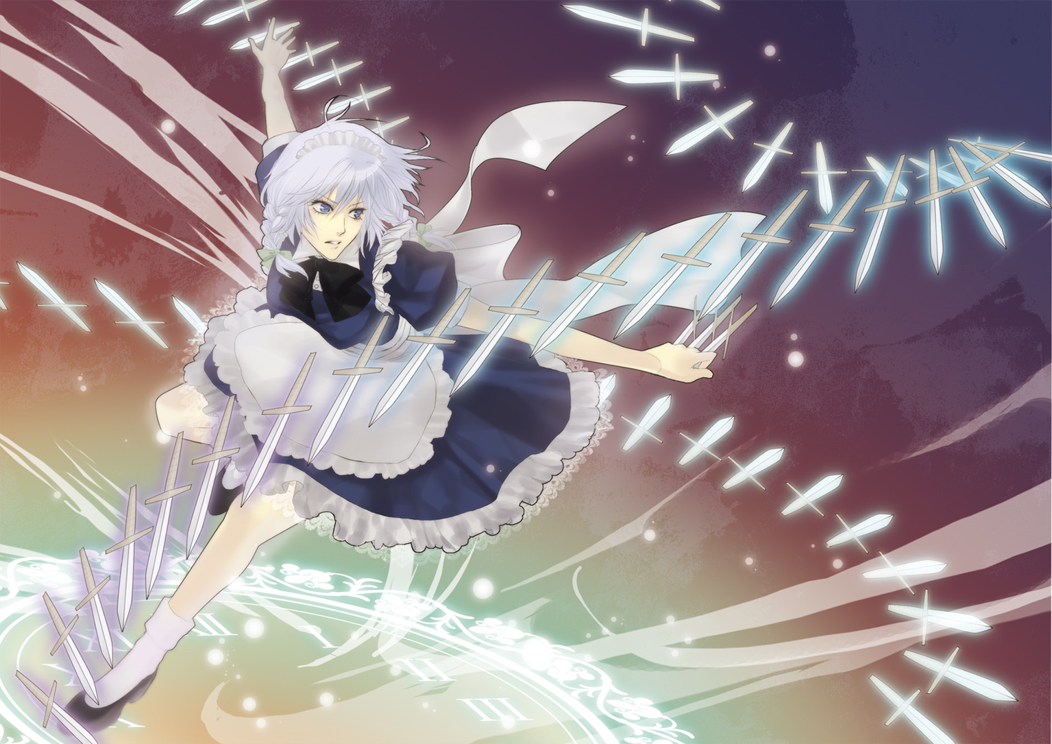 daru (artist), daru (n89), izayoi sakuya, touhou, silver hair, bad id, bad pixiv id, 1girl, apron, blue eyes, braid, danmaku, female focus, knife, magic circle, maid, maid apron, maid headdress, short hair, solo, twin braids
