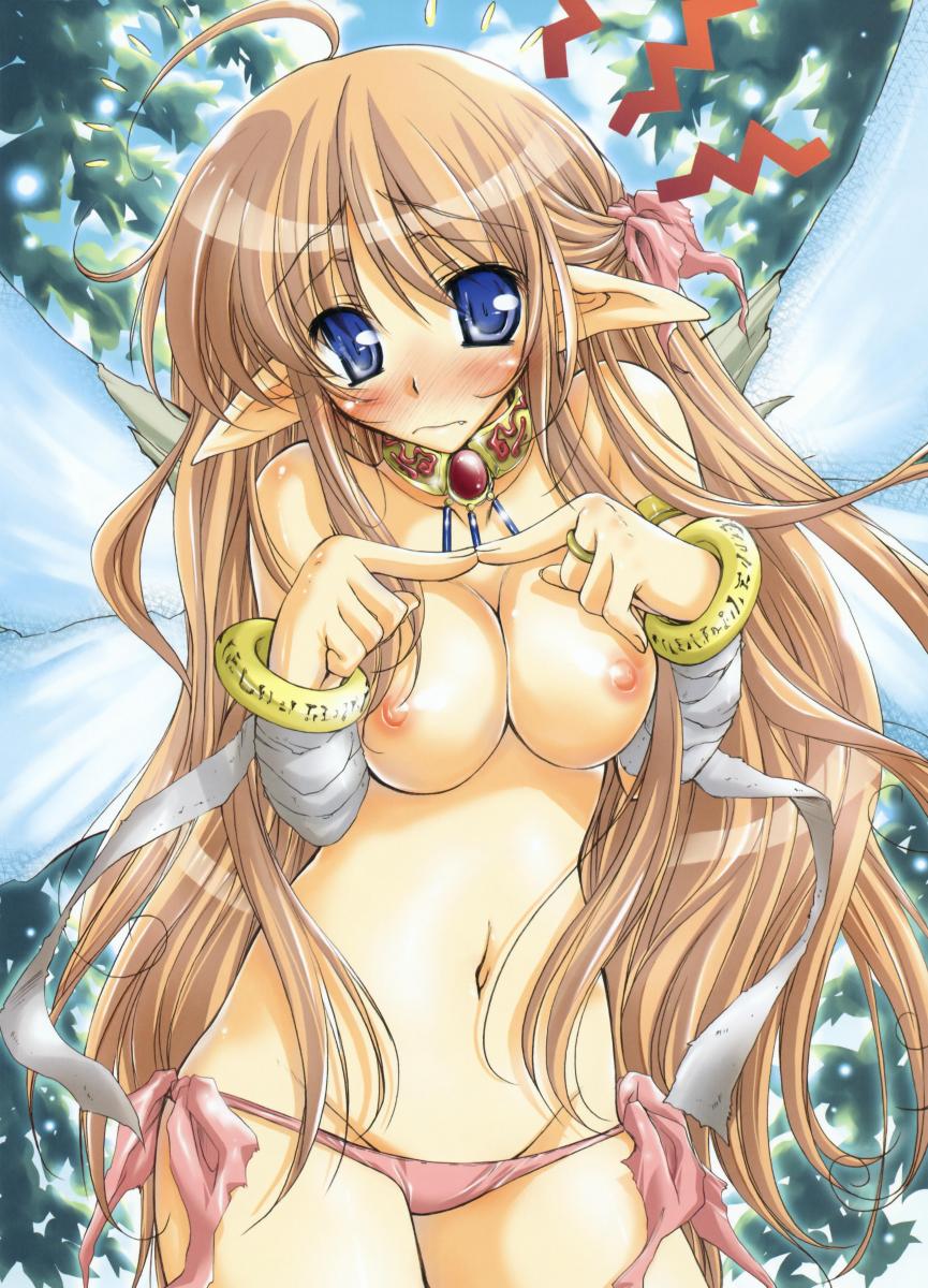 ayano naoto, dengeki, highres, 1girl, blonde hair, blue eyes, blush, breasts, choker, day, elf, embarrassed, fairy, female focus, groin, jewelry, large breasts, long hair, nipples, panties, pointy ears, side-tie panties, solo, topless female, underwear, underwear only, wings