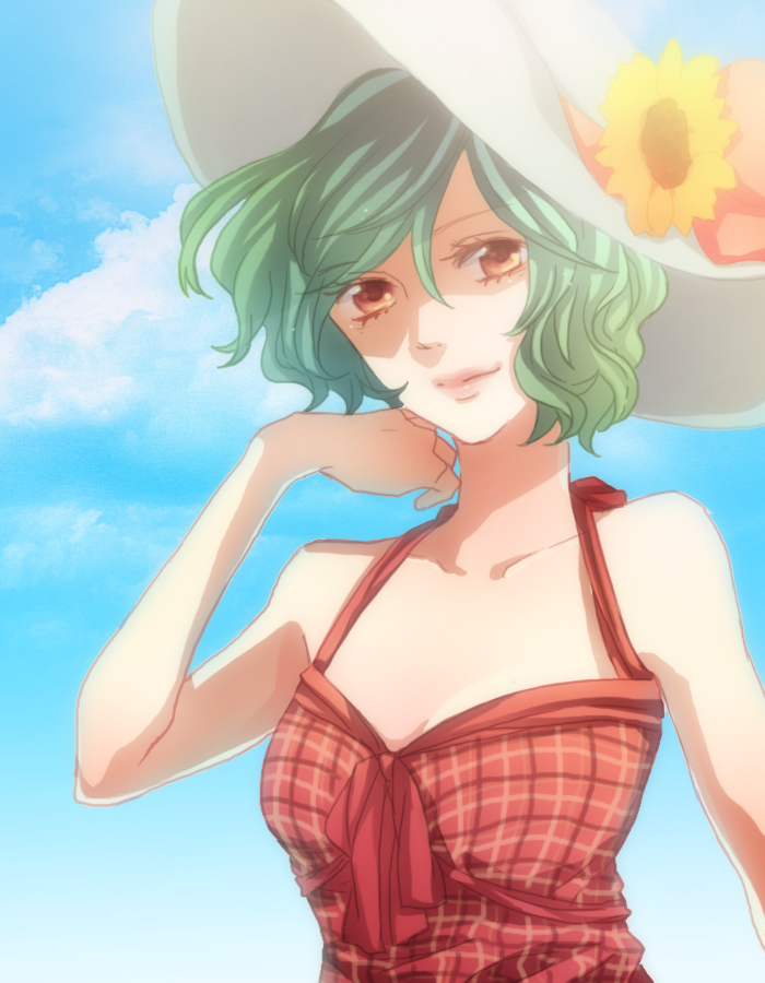 maco (munya), kazami yuuka, touhou, bad id, bad pixiv id, 1girl, adjusting hair, bare shoulders, day, dress, female focus, flower, green hair, hat, hat flower, lips, multicolored eyes, plaid clothes, plaid dress, red eyes, short hair, sky, smile, solo, sun hat, sundress, upper body