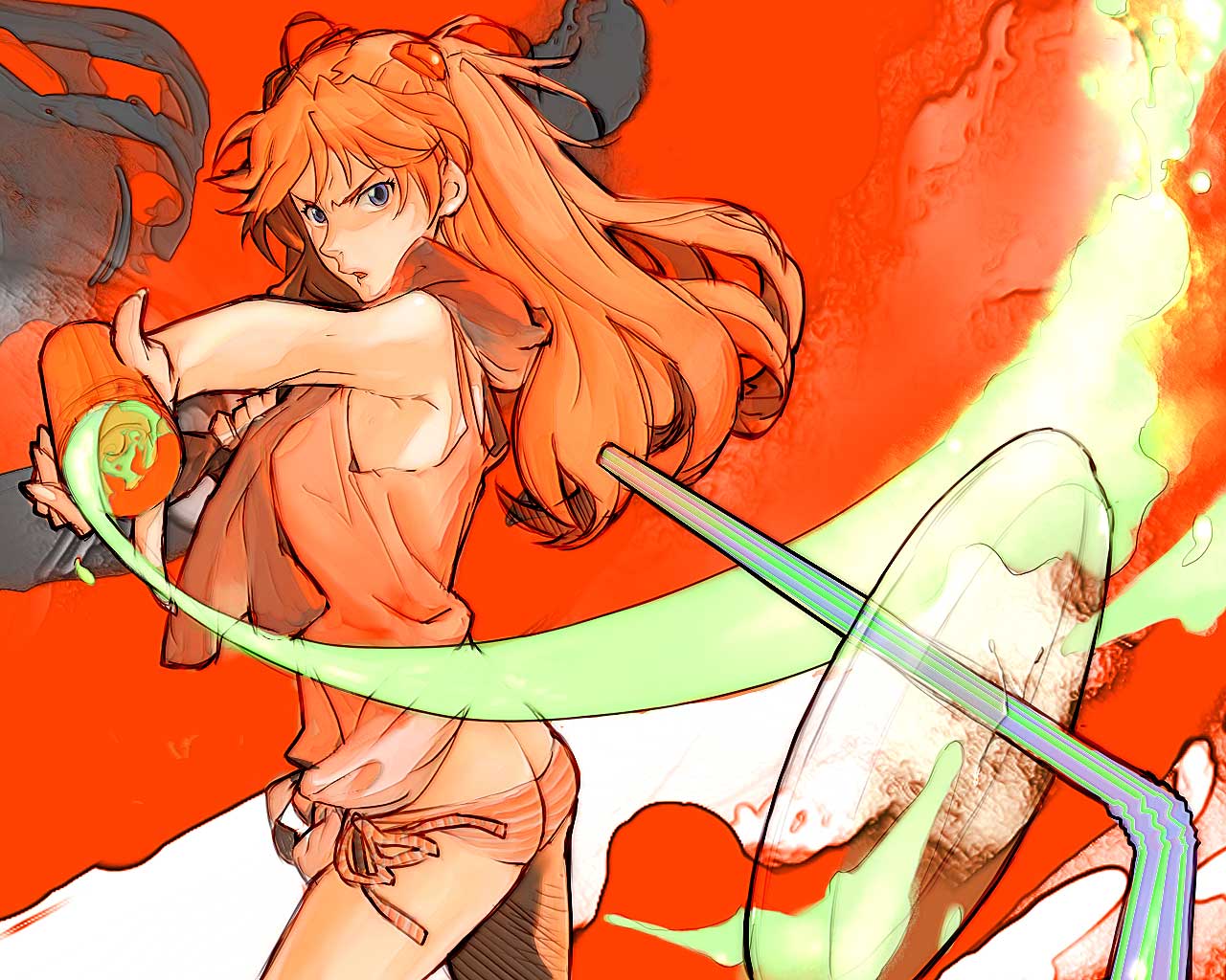 kaburaya, souryuu asuka langley, neon genesis evangelion, bad id, bad pixiv id, 1girl, angry, armpits, bare shoulders, butt crack, drinking straw, female focus, panties, side-tie panties, solo, underwear