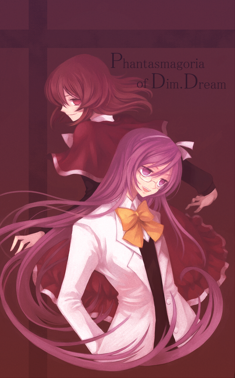 rinka, asakura rikako, okazaki yumemi, phantasmagoria of dim.dream, touhou, touhou (pc-98), highres, 2girls, bow, copyright name, dress, female focus, food, fruit, glasses, hairband, lab coat, long hair, looking back, multiple girls, open mouth, purple eyes, purple hair, red eyes, red hair, ribbon, scientist, short hair, smile, strawberry, very long hair