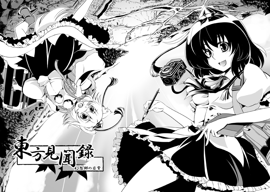 windart, inubashiri momiji, shameimaru aya, touhou, 2girls, animal ears, camera, detached sleeves, female focus, geta, greyscale, hat, monochrome, multiple girls, short hair, tail, tokin hat, wolf ears, wolf tail