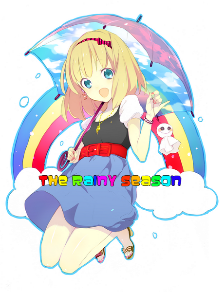 kazuko, original, bad id, bad pixiv id, 1girl, :o, belt, blonde hair, blue eyes, bow, cloud, earrings, female focus, hairband, high heels, jewelry, jumping, nail polish, necklace, open mouth, open shoes, pink nails, rainbow, rainbow order, shoes, short hair, skirt, sky print, smile, solo, teruterubouzu, umbrella