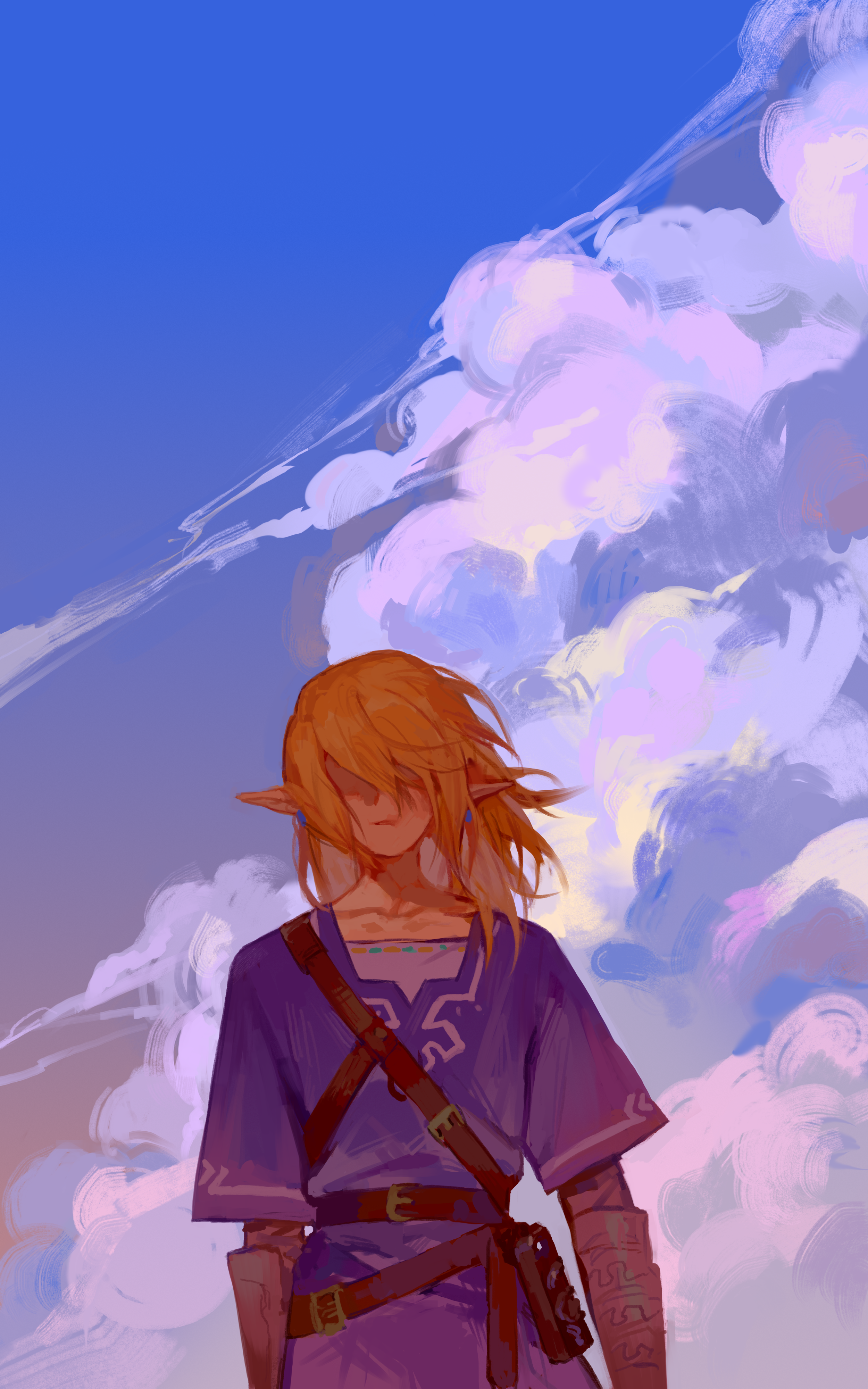 lin09, link, nintendo, the legend of zelda, the legend of zelda: breath of the wild, absurdres, chinese commentary, commentary request, highres, 1boy, arm guards, belt, belt buckle, belt pouch, blonde hair, blue shirt, blue sky, brown belt, buckle, closed mouth, cloud, collarbone, cumulonimbus cloud, facing viewer, hair over eyes, long hair, male focus, outdoors, pointy ears, pouch, shirt, short sleeves, sky, solo, upper body