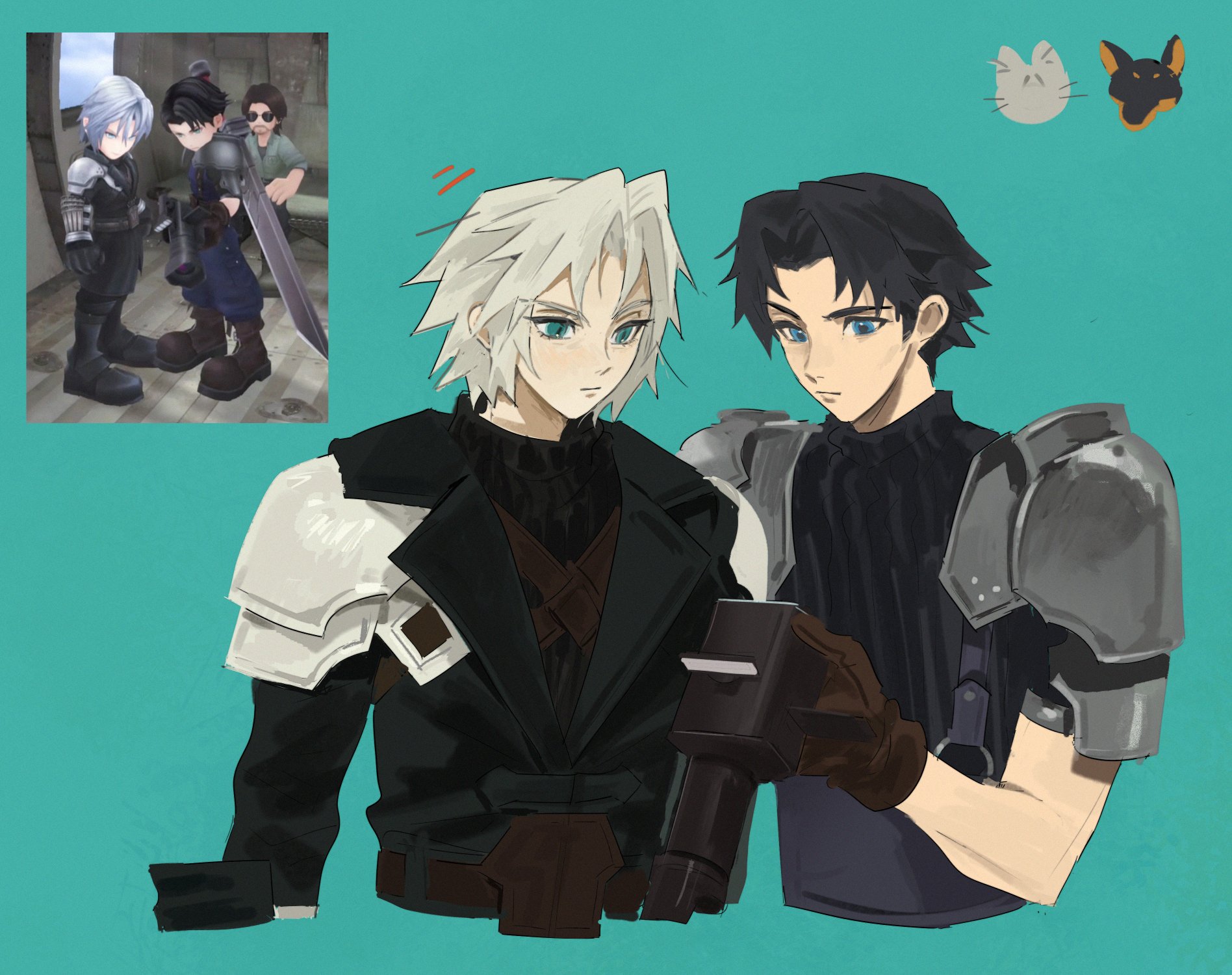 pai jingguan, angeal hewley, sephiroth, sephiroth (ever crisis), final fantasy, final fantasy vii, final fantasy vii: ever crisis, commentary request, highres, 2boys, aqua background, aqua eyes, armor, belt, black hair, black jacket, black sweater, blue eyes, brown belt, brown gloves, camera, cat, chest strap, cropped torso, dog, game screenshot inset, gloves, grey hair, holding, holding camera, jacket, male focus, multiple boys, parted bangs, pauldrons, russ bachman, short hair, shoulder armor, suspenders, sweater, sword, sword on back, turtleneck, turtleneck sweater, weapon, weapon on back