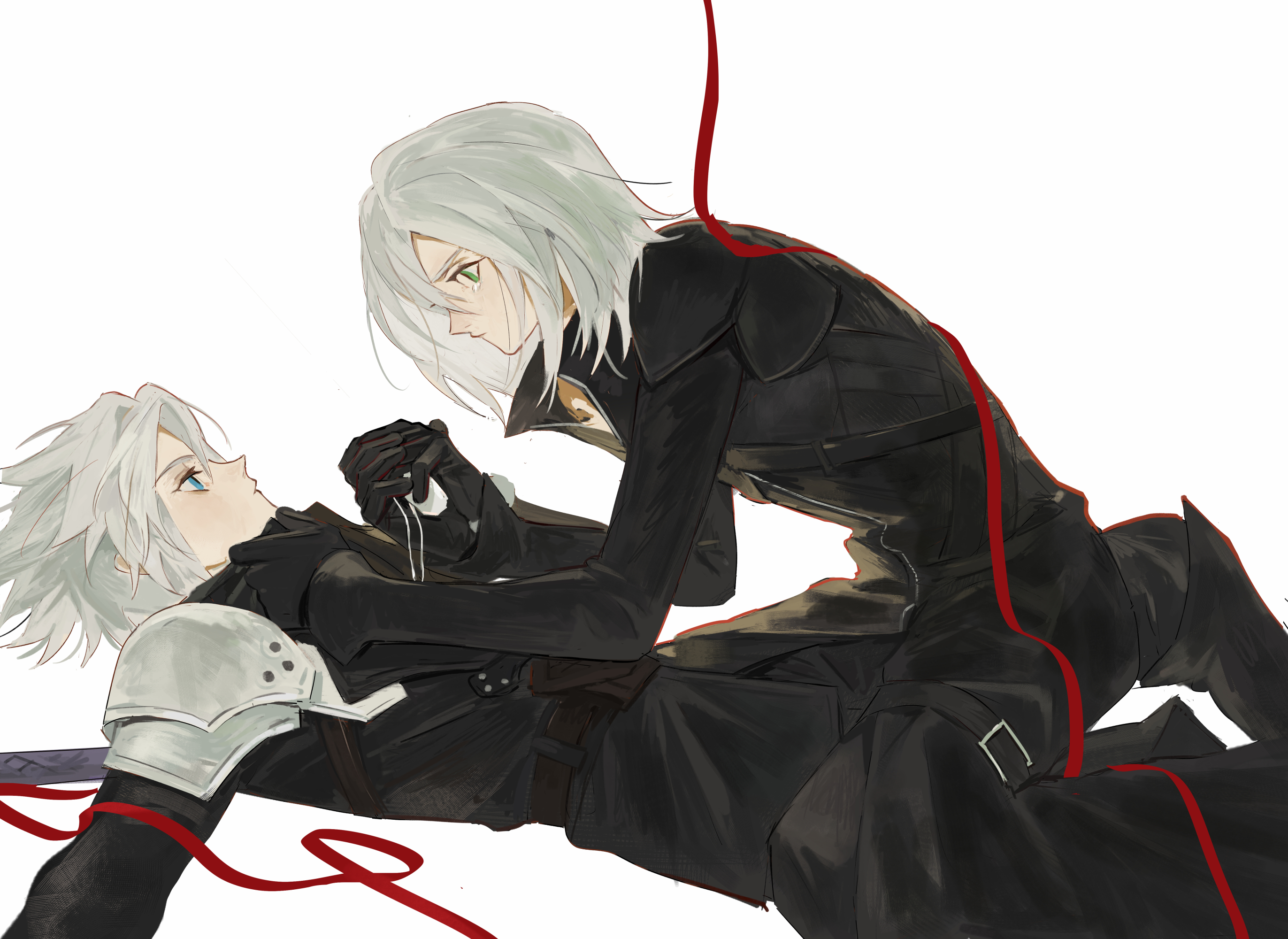 pai jingguan, kadaj, sephiroth, sephiroth (ever crisis), final fantasy, final fantasy vii, final fantasy vii: advent children, commentary request, highres, 2boys, aqua eyes, armor, black bodysuit, black gloves, black jacket, black pants, bodysuit, crying, gloves, grey hair, hair between eyes, jacket, looking at another, male focus, medium hair, multiple boys, pants, parted bangs, pauldrons, short hair, shoulder armor, straddling, string, string of fate, tears, white background, yaoi