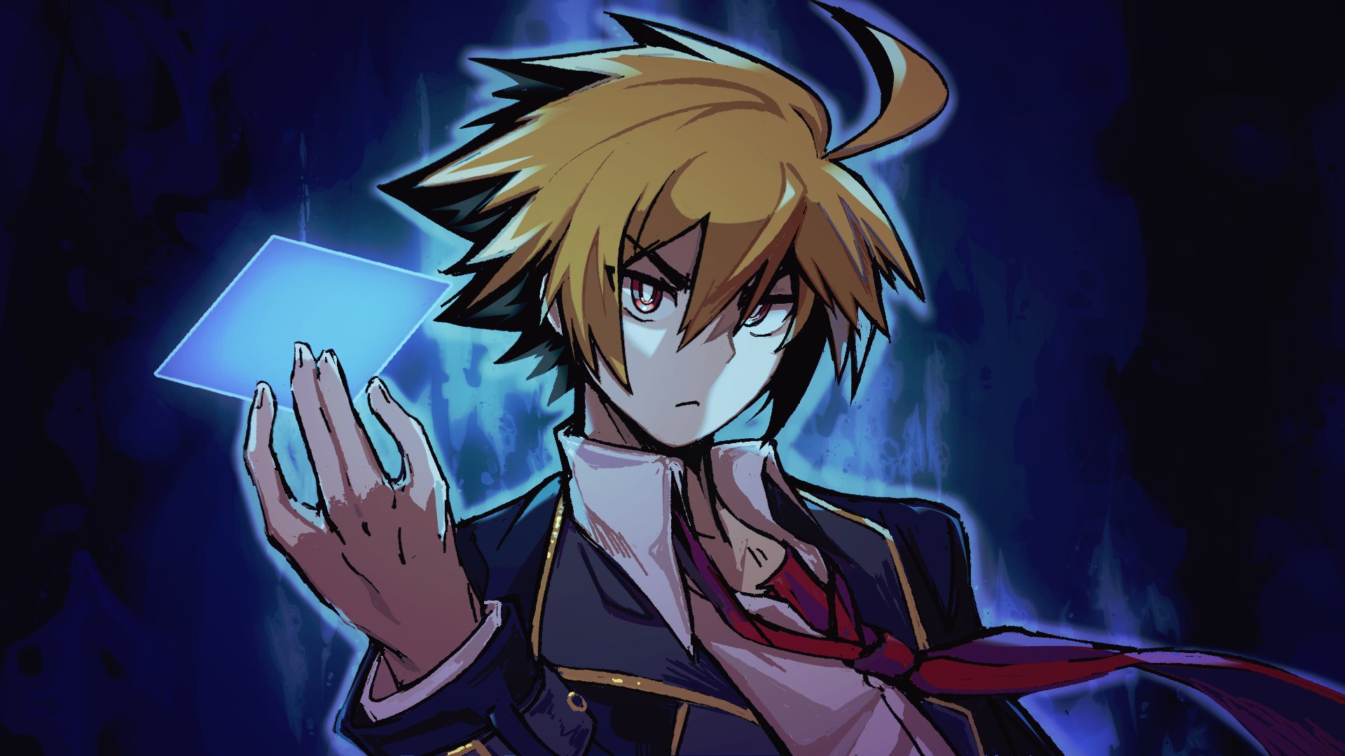 sora (zombiebathwater), kido hyde, persona, under night in-birth, commentary, commission, english commentary, highres, 1boy, antenna hair, card, crossover, looking at viewer, minor arcana (tarot), necktie, school uniform, spiked hair