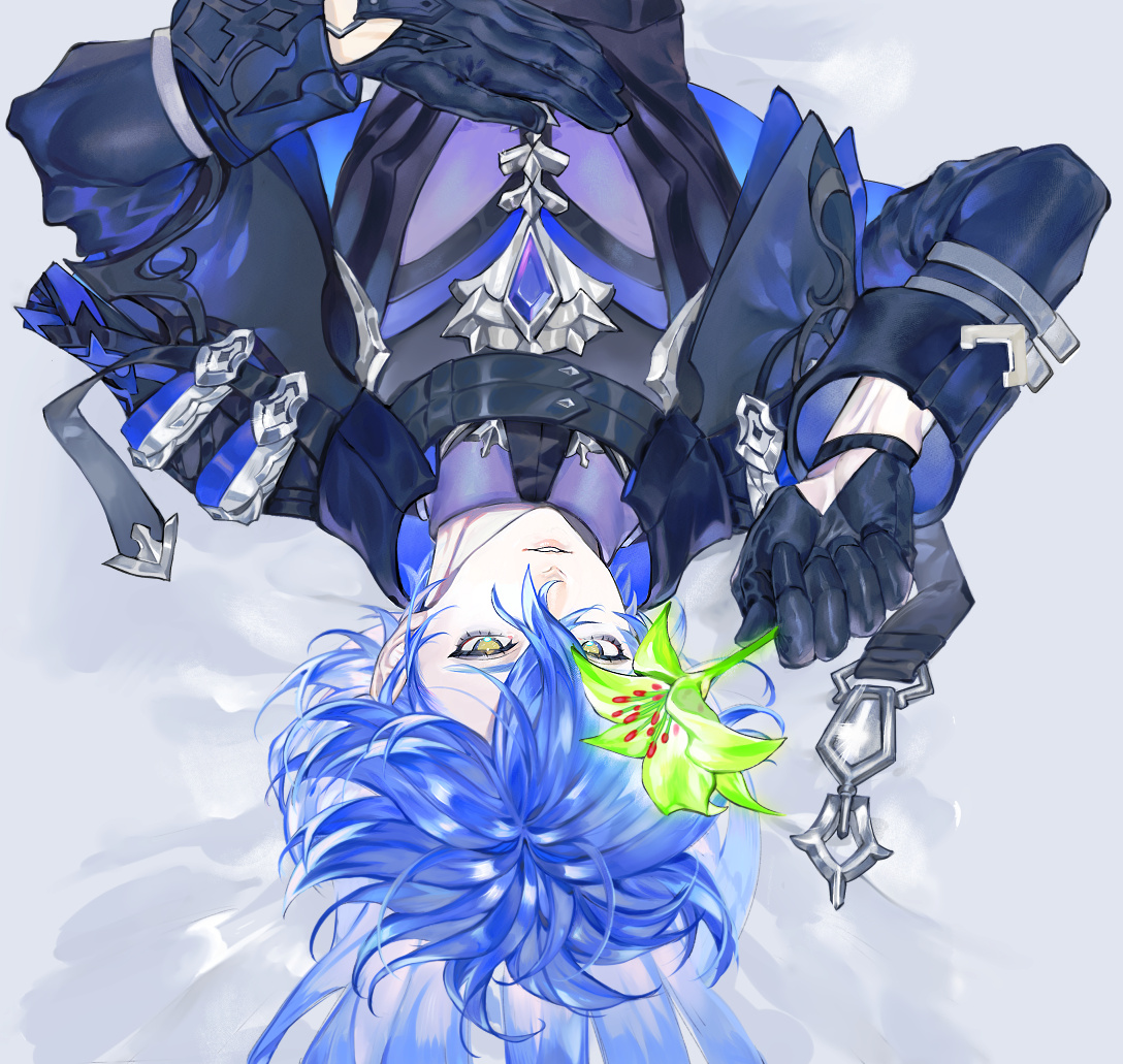 flins (genshin impact), genshin impact, commentary request, 1boy, arm up, black capelet, black coat, black gloves, blue capelet, blue gemstone, blue hair, capelet, coat, collared capelet, double-parted bangs, eyelashes, flower, gem, gloves, green flower, hair between eyes, holding, holding flower, long sleeves, looking at viewer, male focus, meporing world, sleeve cuffs, solo, two-sided capelet, upside-down, yellow eyes