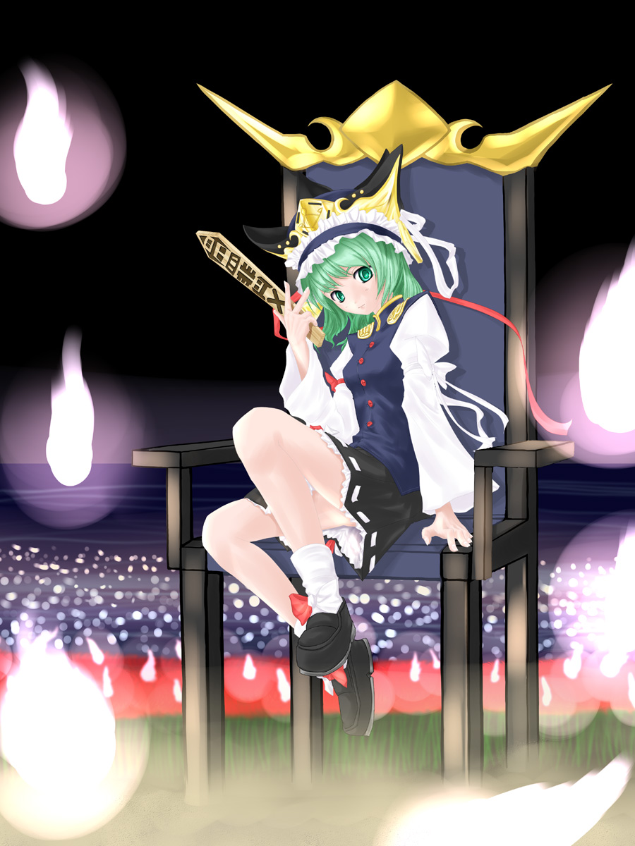 mizusaki (tengoku), tengoku, shiki eiki, touhou, bad id, bad pixiv id, highres, 1girl, female focus, green eyes, green hair, hitodama, matching hair/eyes, rod of remorse, sitting, solo, throne