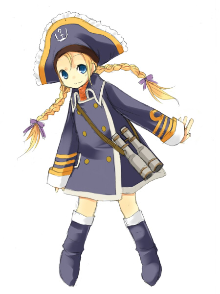 yuzuki (yuduame), patty fleur, tales of (series), tales of vesperia, 00s, 1girl, binoculars, blonde hair, blue boots, blue eyes, blue hat, boots, braid, child, female focus, full body, hat, knee boots, legs apart, simple background, smile, solo, twin braids, white background