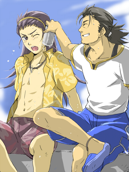 raven (tales), raven (that summer guy) (tales), yuri lowell, yuri lowell (aloha boy), tales of (series), tales of vesperia, artist request, 00s, 2boys, alternate costume, black eyes, blue male swimwear, blue swim trunks, hairband, hawaiian shirt, jewelry, long hair, male focus, male swimwear, multiple boys, necklace, official alternate costume, one eye closed, ponytail, purple male swimwear, purple swim trunks, shirt, smile, swim trunks, swimsuit, wink
