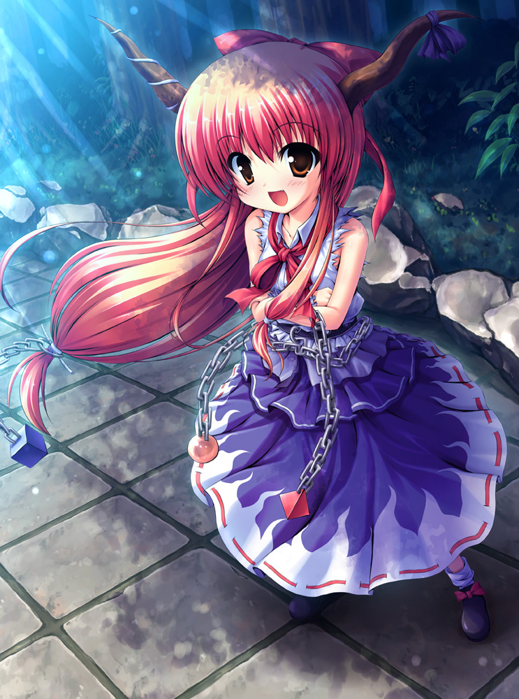 poni, takeponi, ibuki suika, touhou, 1girl, blush, brown eyes, chain, fang, female focus, horns, light rays, long hair, looking at viewer, matching hair/eyes, open mouth, orange eyes, orange hair, smile, solo, sunbeam, sunlight