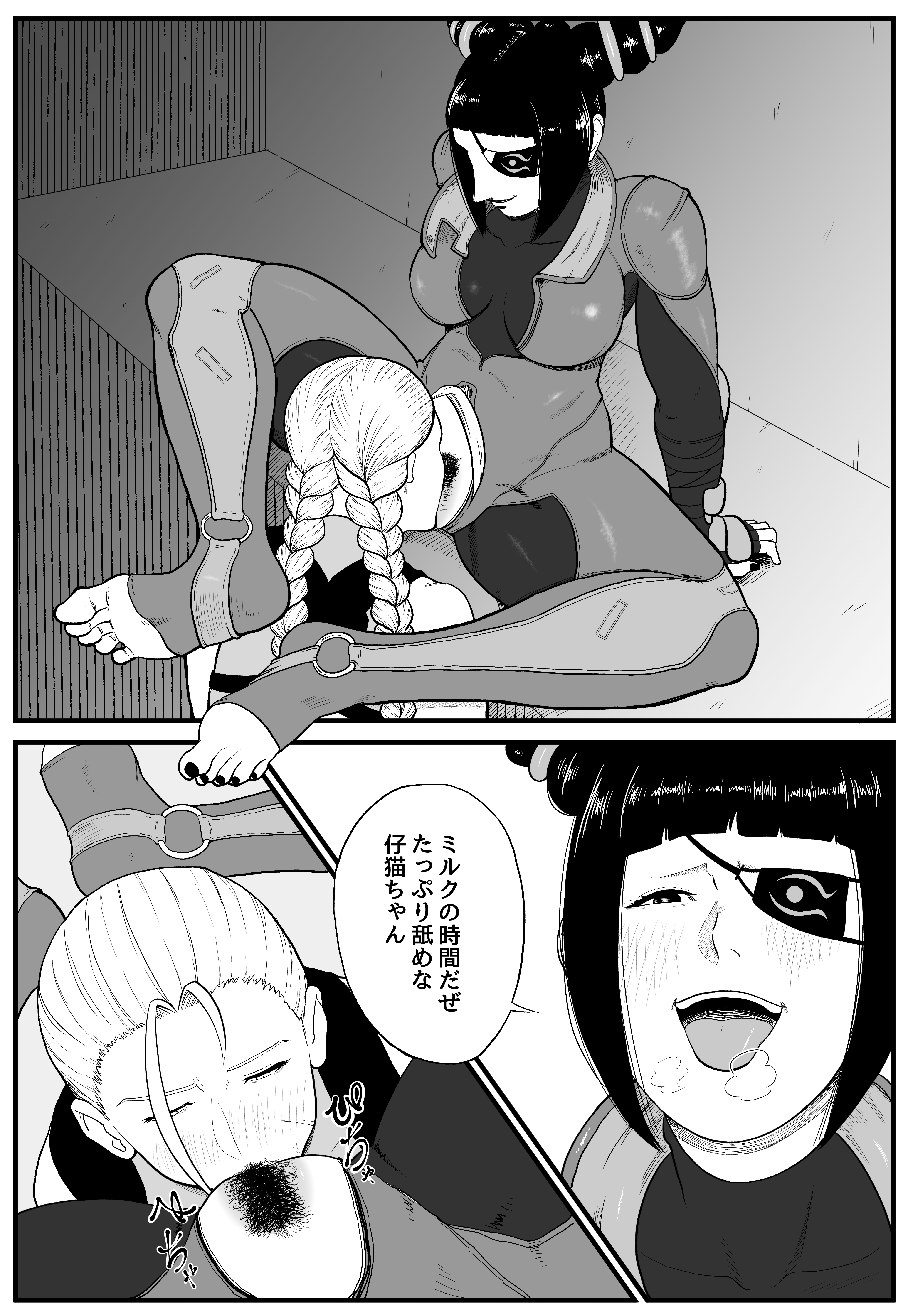 shiono kou, cammy white, han juri, 2girls, barefoot, black hair, blonde hair, bodysuit, braid, braided twintails, cunnilingus, eyepatch, hair horns, heavy breathing, multiple girls, nail polish, open mouth, oral, pubic hair, spread legs, yuri