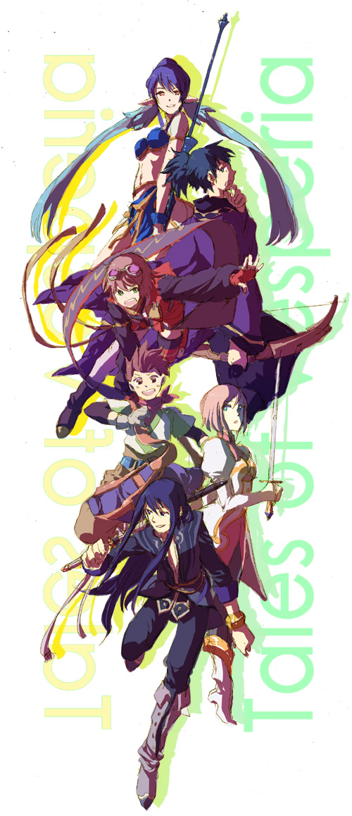 gomosawa, estellise sidos heurassein, judith (tales), karol capel, raven (tales), rita mordio, yuri lowell, tales of (series), tales of vesperia, bad id, bad pixiv id, 00s, 3boys, 3girls, bag, black hair, blue hair, boots, bow (weapon), brown eyes, brown hair, fingerless gloves, gloves, goggles, goggles on head, green eyes, knee boots, long hair, midriff, multiple boys, multiple girls, open mouth, pink hair, pointy ears, polearm, ponytail, purple eyes, red eyes, scarf, short hair, smile, spear, sword, weapon