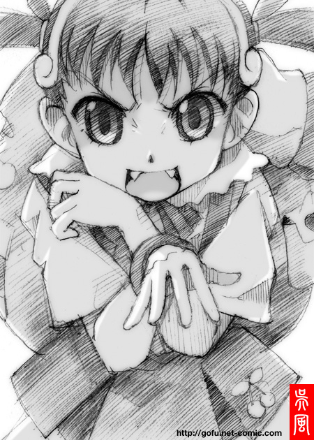 gofu, hachikuji mayoi, bakemonogatari, monogatari (series), traditional media, 00s, fangs, greyscale, monochrome, sketch, solo