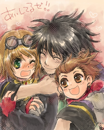 urihara84, karol capel, raven (tales), rita mordio, tales of (series), tales of vesperia, bad id, bad pixiv id, lowres, 00s, 1girl, 2boys, black hair, blush, brown eyes, brown hair, choker, gloves, green eyes, hug, multiple boys, one eye closed, ponytail, short hair, smile, wink