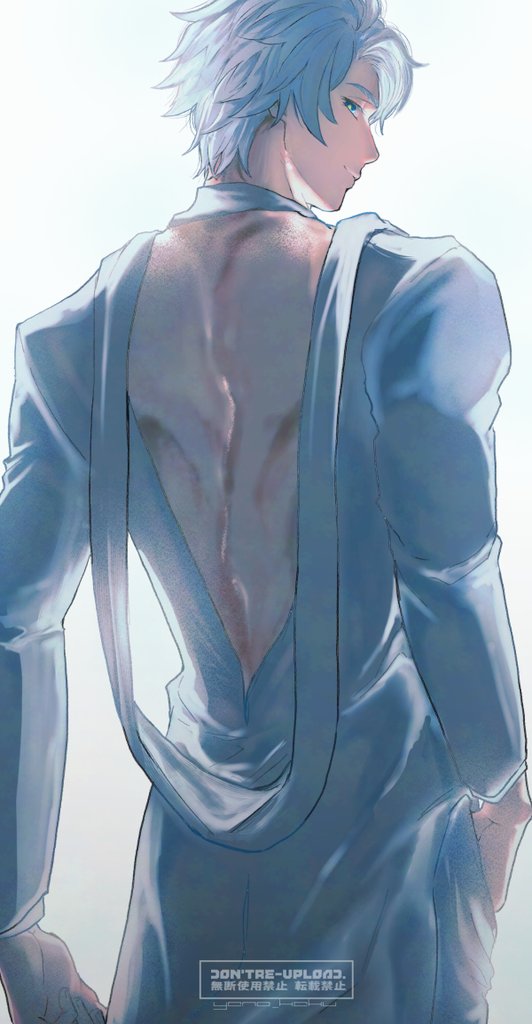 phainon (honkai: star rail), honkai: star rail, honkai (series), hashtag-only commentary, 1boy, alternate costume, backless outfit, blue eyes, dress, from behind, hand in pocket, long sleeves, looking back, male focus, parted hair, simple background, solo, standing, watermark, white background, white dress, white hair, yano kaku02