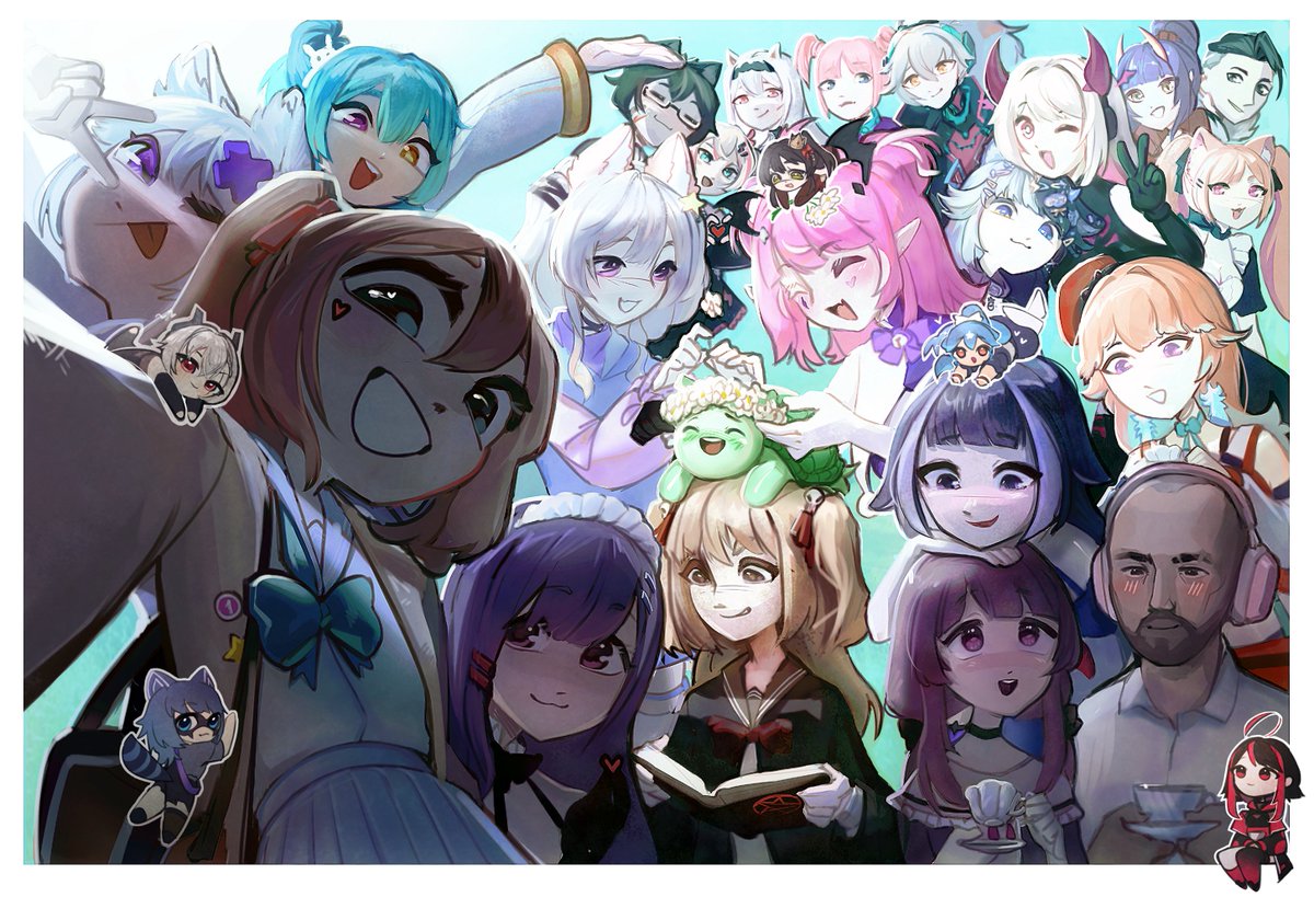 keshink, akuma nihmune, annytf, bao the whale, camila (vtuber), evil neuro-sama, filian (vtuber), gx aura, layna lazar, mint (vrchat), miyune bun, mizkif, motherv3, neuro-sama, onigiri (vtuber), saruei (vtuber), shylily, snuffy (vtuber), takanashi kiara, vedal987, zentreya, hololive, hololive english, indie virtual youtuber, opera gx, real life, vshojo, character request, commentary, english commentary, 3boys, 6+girls, :3, :d, ;p, = =, animal, animal ear fluff, animal ears, animal on head, aqua bow, aqua eyes, aqua hair, arm up, bag, black gloves, black hair, blue hair, blue skirt, blunt bangs, blush, book, border, bow, breasts, bright pupils, brown hair, brown jacket, cat ears, cat girl, chibi, chibi inset, chibi on head, chibi on shoulder, cleavage, closed eyes, closed mouth, crown, cup, demon girl, demon horns, diamond hair ornament, eyebrow cut, eyelashes, facial hair, facial mark, fang, flower, four-finger heart hands, fox ears, fox girl, glasses, gloves, green hair, grey hair, grey shirt, hair bun, hair ornament, hair ribbon, hairclip, hand on another's head, handbag, hat, head rest, head wings, head wreath, heart, heart facial mark, heart hair ornament, heart hands, heterochromia, holding, holding book, holding cup, holding flower, holding heart, holding plate, horns, jacket, long sleeves, maid headdress, medium hair, multicolored hair, multiple boys, multiple girls, on head, one eye closed, open book, open clothes, open jacket, open mouth, orange hair, outline, outstretched arm, pink hair, plate, pointy ears, ponytail, purple eyes, purple hair, raccoon ears, raccoon girl, raccoon tail, red eyes, red hair, red hat, red ribbon, ribbon, selfie, semi-rimless eyewear, shirt, short hair, sidelocks, skin fang, skirt, skull hair ornament, smile, streaked hair, tail, teacup, teeth, tongue, tongue out, turtle, twintails, two-tone hair, two side up, undercut, upper teeth only, v, vedal ai, very short hair, virtual youtuber, white border, white flower, white hair, white outline, white pupils, wings, yellow eyes