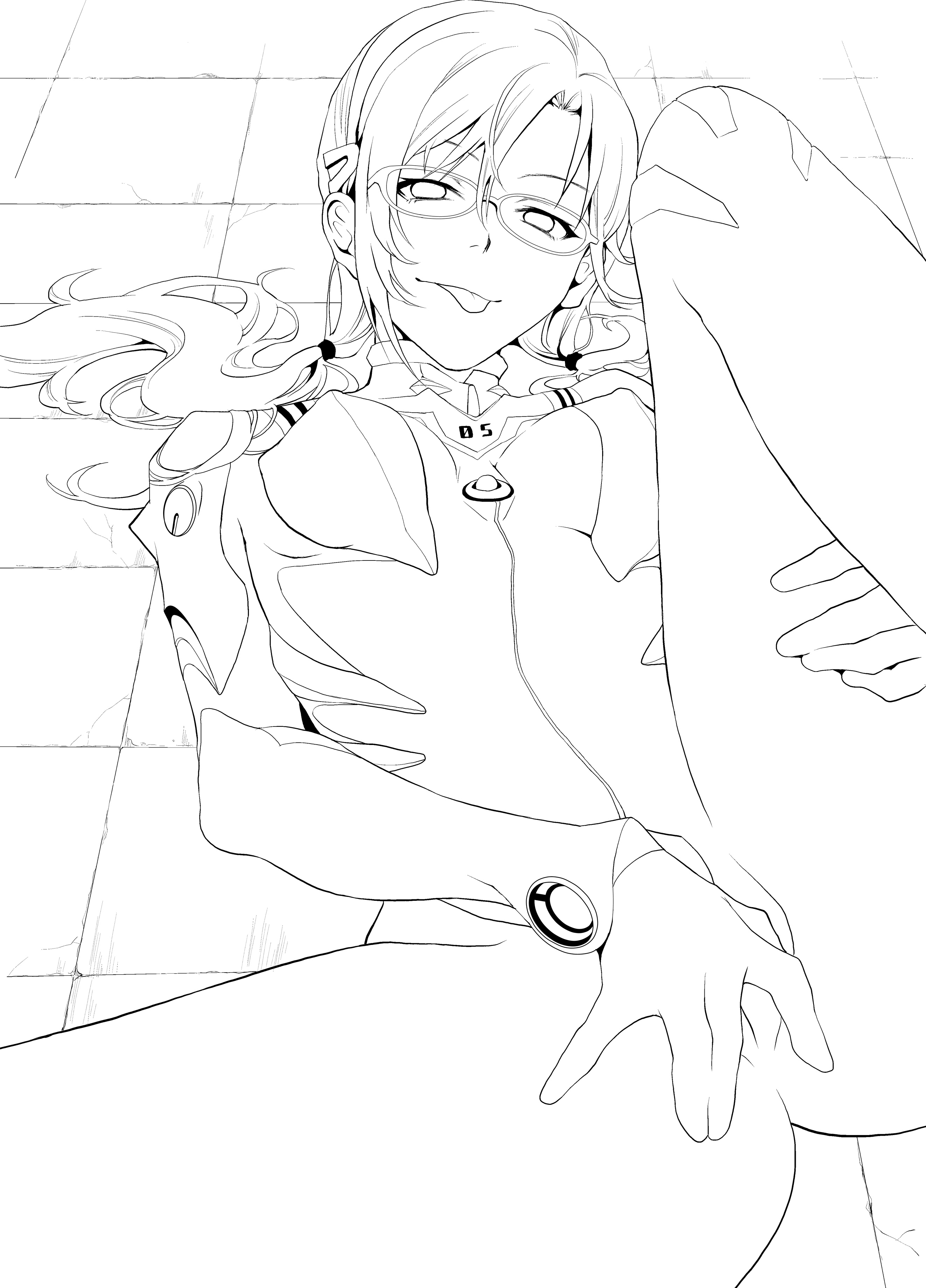 sage joh, makinami mari illustrious, neon genesis evangelion, rebuild of evangelion, absurdres, bad id, bad pixiv id, highres, 00s, 1girl, female focus, glasses, greyscale, mecha pilot suit, monochrome, plugsuit (evangelion), solo, spread legs, tongue