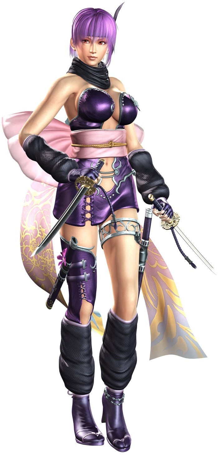 ayane (doa), dead or alive, ninja gaiden, ninja gaiden sigma 2, tecmo, highres, official art, 1girl, 3d, anklet, bare shoulders, breasts, brown eyes, cleavage, female focus, fingerless gloves, gloves, headband, japanese clothes, jewelry, large breasts, navel, purple hair, ribbon, scarf, short hair, simple background, solo, sword, weapon
