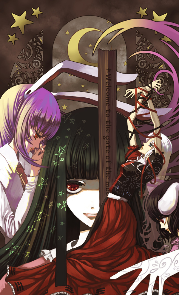 rinka, houraisan kaguya, inaba tewi, reisen udongein inaba, yagokoro eirin, touhou, 4girls, animal ears, black hair, female focus, moon, multiple girls, pentagram, purple hair, rabbit ears, red eyes, star (symbol), white hair