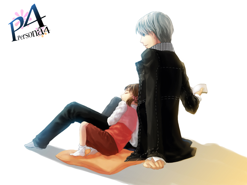 robinexile, doujima nanako, narukami yu, atlus, persona, persona 4, bad id, bad pixiv id, 1boy, 1girl, book, brown hair, child, closed eyes, family bonding, grey eyes, grey hair, sitting, sleeping, socks