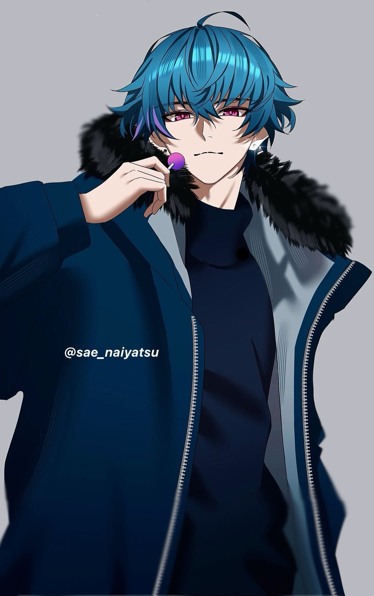 brant (wuthering waves), wuthering waves, hashtag-only commentary, highres, 1boy, arm up, black fur, blue hair, blue jacket, blue shirt, candy, closed mouth, crossed bangs, food, fur-trimmed hood, fur trim, grey background, holding, holding candy, holding food, holding lollipop, hood, hood down, jacket, lollipop, long sleeves, looking at viewer, male focus, pink eyes, sae naiyatsu, shirt, short hair, solo, turtleneck, twitter username, unzipped, zipper