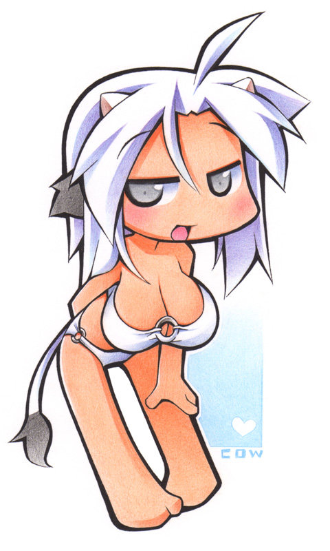 uccow, silver hair, bad id, bad pixiv id, 1girl, animal ears, bikini, blush, breasts, chibi, cow girl, female focus, full body, grey eyes, horns, large breasts, short hair, solo, swimsuit, tail, white background, white bikini