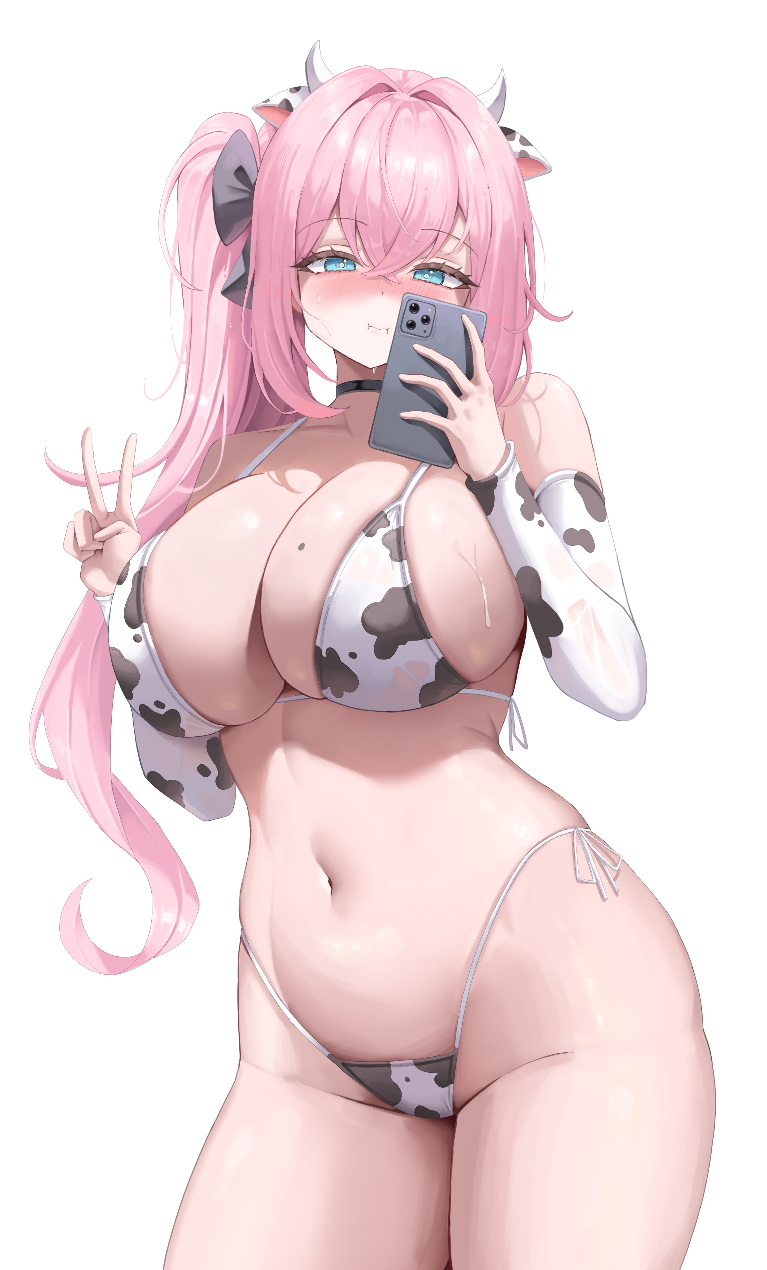sisong, original, absurdres, commentary request, highres, 1girl, animal ears, animal print, bikini, black bow, black bowtie, black choker, blue eyes, blush, bow, bowtie, breasts, cellphone, choker, cow ears, cow horns, cow print, cow print bikini, detached sleeves, fake animal ears, fake horns, highleg, highleg bikini, horns, long hair, mirror selfie, mole, mole on breast, navel, phone, pink hair, print bikini, selfie, side-tie bikini bottom, side ponytail, simple background, smartphone, solo, stomach, swimsuit, taking picture, v, white background