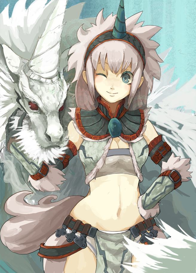 nigoro, kirin (monster hunter), capcom, monster hunter (series), 1girl, armor, blue eyes, breasts, cleavage, cleavage cutout, clothing cutout, elbow gloves, female focus, gloves, hairband, horns, kirin (armor), midriff, navel, one eye closed, short hair, single horn, solo, white hair, wide hips, wink