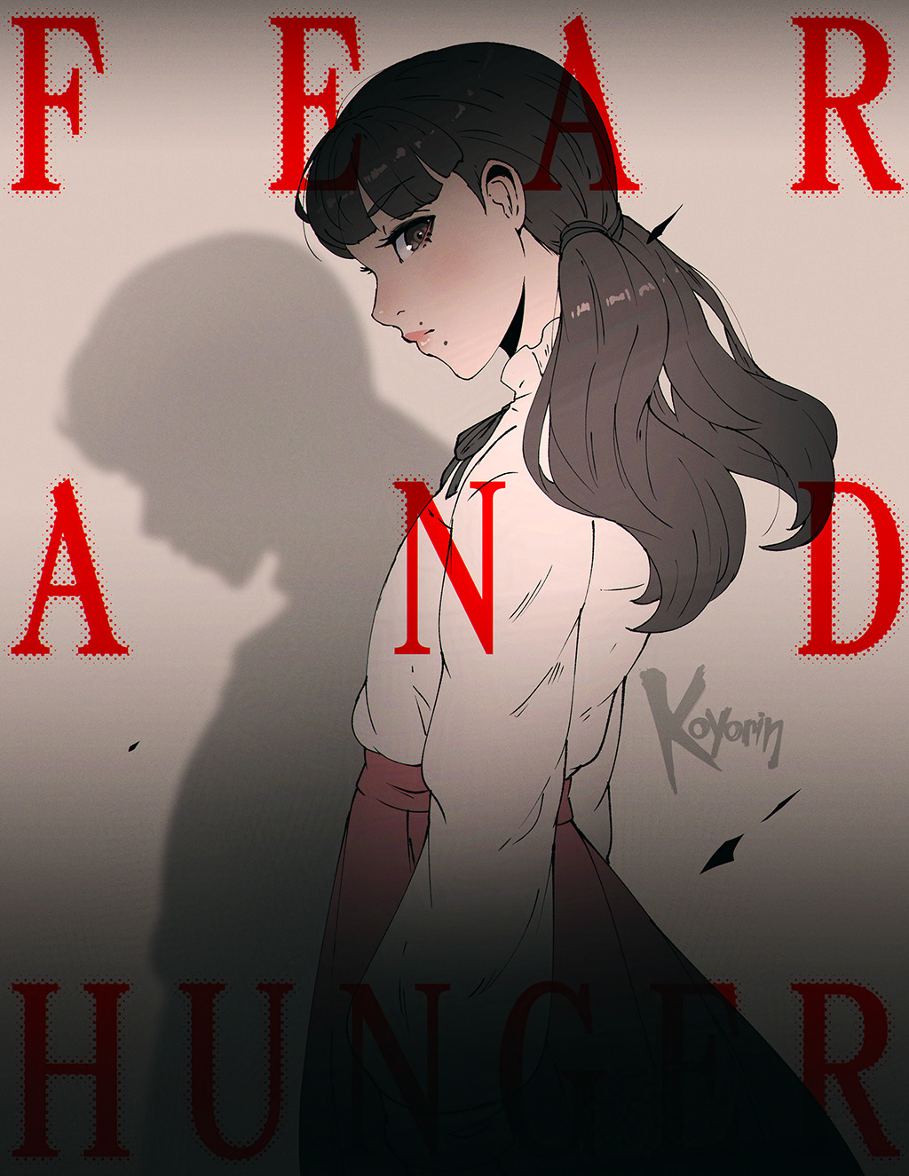 koyorin, marina (fear & hunger), fear & hunger (series), fear & hunger 2: termina, commentary, highres, 1girl, artist name, black ribbon, brown eyes, brown hair, closed mouth, copyright name, cowboy shot, face piercing, frilled shirt collar, frills, from side, long hair, long sleeves, looking at viewer, neck ribbon, piercing, pink skirt, ribbon, shadow, shirt, shirt tucked in, sideways glance, skirt, solo, twintails, white shirt