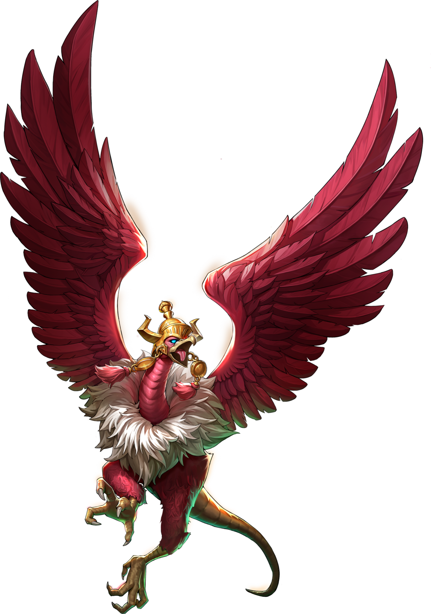 persona, persona 5, persona 5: the phantom x, shin megami tensei, artist request, highres, official art, third-party source, bird, blue eyes, demon (megami tensei), fake horns, feathers, gold helmet, helmet, horned helmet, horns, jatayu (megami tensei), no humans, open mouth, red feathers, solo, tail, tassel, tongue, transparent background, white feathers