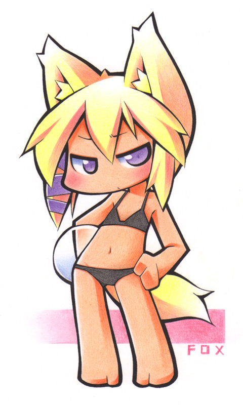 uccow, bad id, bad pixiv id, 1girl, animal ears, bikini, blonde hair, chibi, female focus, full body, purple eyes, short hair, solo, swimsuit, tail
