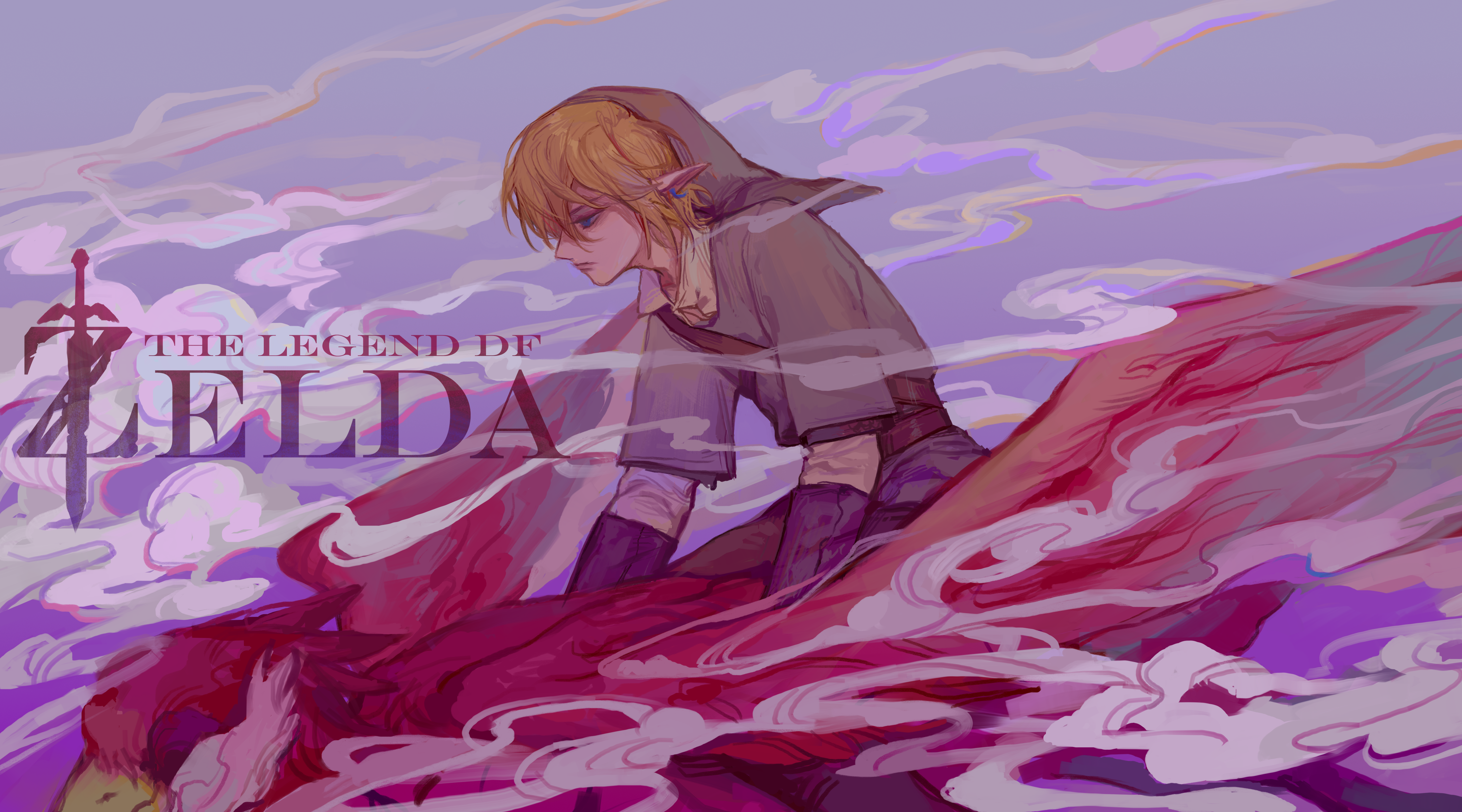 lin09, link, loftwing, nintendo, the legend of zelda, the legend of zelda: skyward sword, absurdres, chinese commentary, commentary request, highres, 1boy, belt, bird, black gloves, blonde hair, blue eyes, brown belt, closed mouth, cloud, copyright name, earrings, english text, gloves, grey hat, grey shirt, hat, jewelry, layered sleeves, long sleeves, male focus, outdoors, pointy ears, riding, riding bird, shirt, short hair, short over long sleeves, short sleeves, white shirt