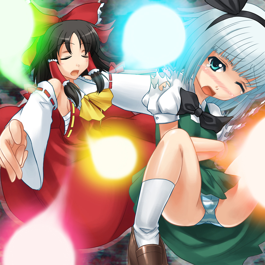 kyasurei, hakurei reimu, konpaku youmu, touhou, silver hair, 2girls, aqua eyes, black hair, blush, bow, detached sleeves, female focus, hairband, multiple girls, one eye closed, panties, short hair, striped clothes, striped panties, torn clothes, underwear, wince, wink